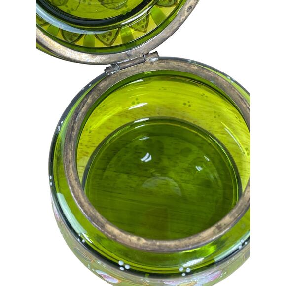 Vintage Signed Moser Green Mushroom Vanity Jar Hinged Lid Floral Good Condition - Picture 7 of 8